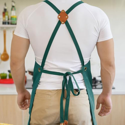 Aoomzoon Canvas Aprons for Men Women, Heavy Duty BBQ Apron with Pockets - color: Green