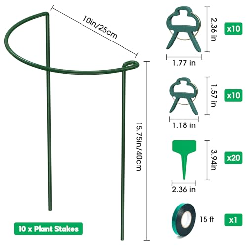 Unves 10 Pack Plant Support Stakes, 10" W x 16" H Half Round Peony Cages and Supports, Metal Peony Cage Plant Ring for Outdoor Plants Tomato Flower Vine, with Garden Labels, Clips and Ties - size: 10" W x 16" H