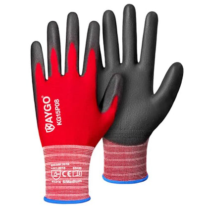 KAYGO Ultra Thin PU Coated Work Gloves, Nylon Knit, KG15P, 12 Pairs - color: Red, size: Medium
