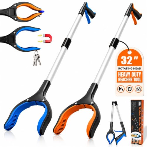 2 Pack 32" Grabber Reacher Tool, LEGENDONE Foldable Reacher Grabbers Pickup Tool for Senior, Heavy Duty Upper Gripper, 4" Wide Claw Trash Picker, Strong Grip| Powerful Magnet| 360° Rotating Head - color: 32"blue&orange - 2pack
