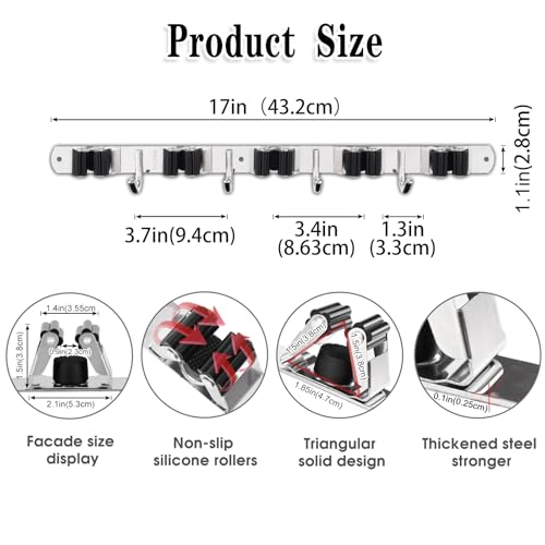 2 Pack Broom Holder Wall Mount, 5 Racks 4 Hooks Mop and Broom Organizer - color: 5 Racks & 4 Hooks (Silver) - 2 Pack