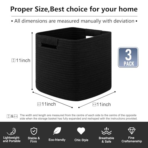OIAHOMY Storage Cubes 11 Inch Storage Bins 3-Pack Square Baskets Black - color: Black