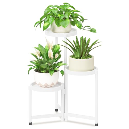 iDavosic.ly 3 Tier Folding Plant Stand Indoor Outdoor, Plastic Tray, White - color: White, size: 3 Tiers