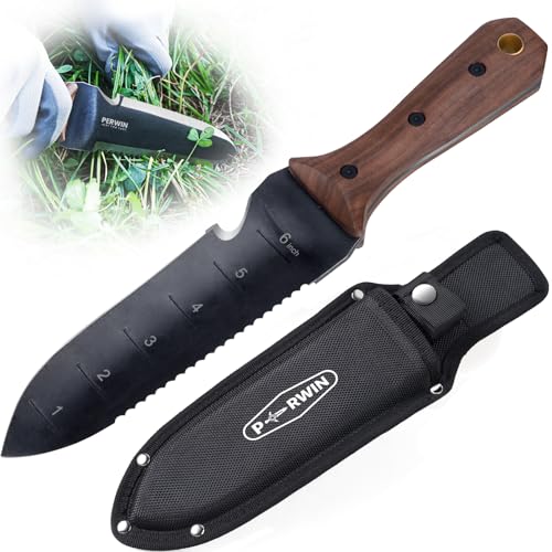 PERWIN Hori Hori Garden Knife, Garden Tools with Sheath for Weeding, Planting, Digging, 7" Stainless Steel Blade with Cutting Edge, Full-Tang Wood Handle with Hanging Hole - size: 7"