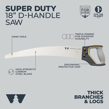 Woodland Tools Super Duty D-Handle Pruning Saw – Curved Tree Saw with Hardened Steel Blade, Aggressive Teeth, Non Slip Grip – Manual Tool for Limb Cutting, Branch Removal, and Yard Work - style: Super Duty D-Handle Saw