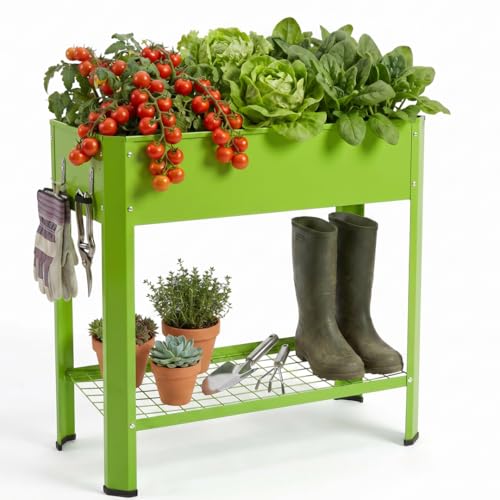 Green Elevated Metal Raised Garden Bed with Legs, Outdoor Raised Planter Box, 7.9" Deep Q235 Steel Raised Planter with Drainage, 2 Hooks & Bottom Storage Shelf for Patio, Yard, Herbs, Vegetables - color: Green, size: Large