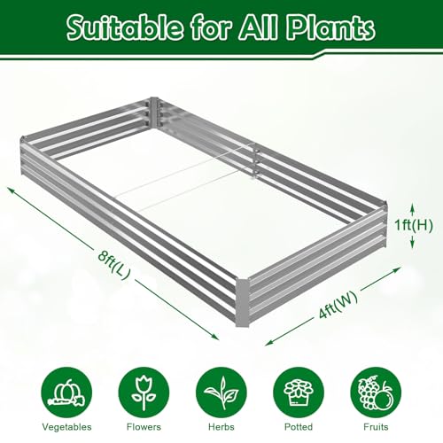 8x4x1FT Galvanized Raised Garden Bed, Metal Planter, Silver,1 Pack - size: 8x4x1FT