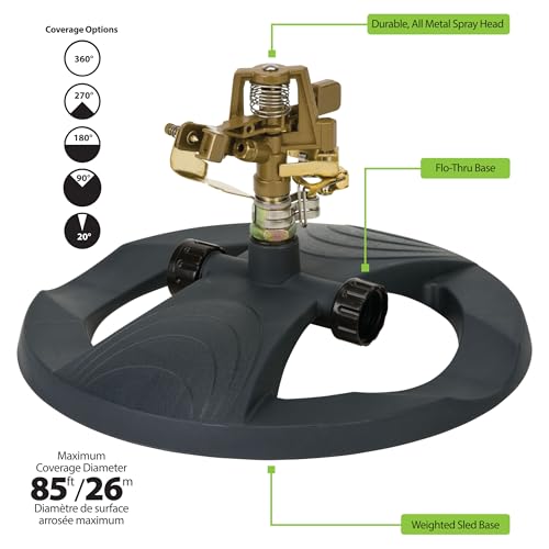 Melnor 65195AMZ Deluxe Pulsating Lawn Sprinkler, 85 ft. Diameter Coverage, Adjustable Watering Pattern, Metal Spray Head, Weighted Sled Base, Grey - style: Weighted Base