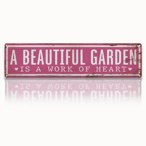 Vintage Garden Metal Tin Sign, A Beautiful Garden Is A Work of Heart Sign, Vintage Farmhouse Wall Art, for Yard Fence Door Porch, Rustic Outdoor Gardening Decoration, 15.7 x 3.9 Inches - color: Garden 11