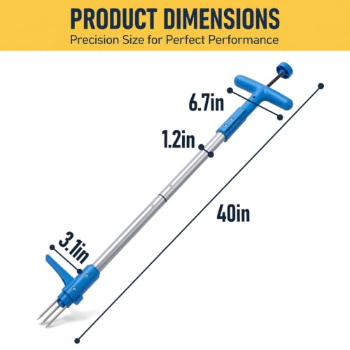 PASAMIC Stand Up Weed Puller Tool with Long Handle, 40In Weeding Tool with 3-Claw Steel Tip & Ejector Button, Royal Blue