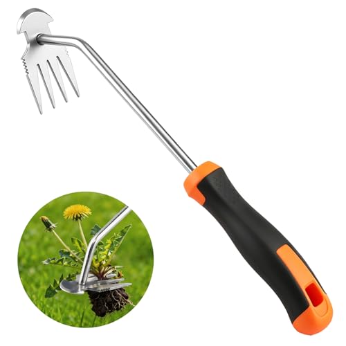 Weed Remover Tool for Garden, Portable Stainless Steel Hand Weeder Tool, 13.3" Manual Weed Puller with Rubber Grip for Lawn, Flower Beds & Vegetable Gardening (Rubber Handle)