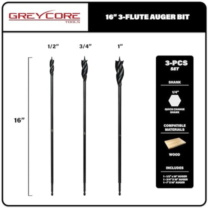 Greycore Tools 3-Piece 16 Inch 3-Flute Auger Bit, Wood Drill Bit for Hard and Soft Wood, 1/4” Quick Change Shank, Woodworking Auger Bits (16” Set 1/2”, 3/4”, 1”) - size: 16" 3PCS Set (1/2", 3/4", 1"), style: 16 Inch