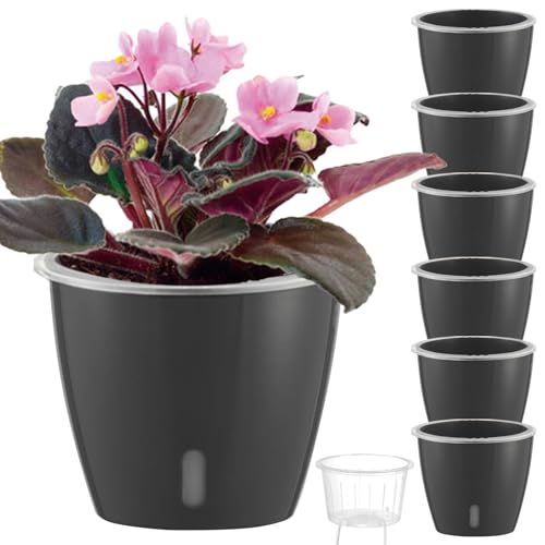 Self Watering Pots for Indoor Plants, 6-Pack 6.7'' Self Watering Planter with Drainage Holes, Small African Violet Pots with Water Indicator, Clear Wick Orchid Pot, Grey Gold - color: Grey Gold/6 Pack, size: 6.7"