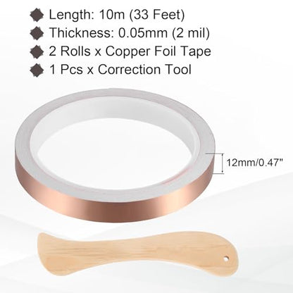 2pcs Copper Foil Tape 0.47" x33FT Single Conductive Adhesive Tape - size: 0.47 Inch x 33 FT