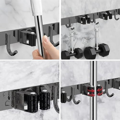 SUS304 5 Racks and 4 Hooks Mop and Broom Holder Wall Mount - color: 5 Racks & 4 Hooks (Black) - 1 Pack
