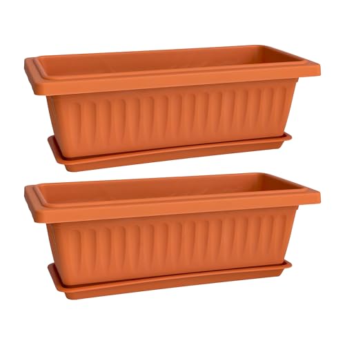 19 Inch Rectangular Plastic Planters, Terracotta, Set of 2 Window Boxes - color: Terracotta