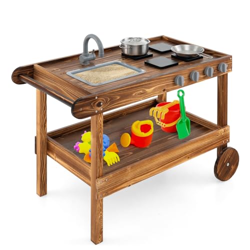 DORTALA Mud Kitchen With Wheels, Fir Wood Rolling Table Cart With Sink, Stoves, Faucet, Storage Shelf, Outdoor Play Kitchen for Toddlers and Kids - style: Cart Style