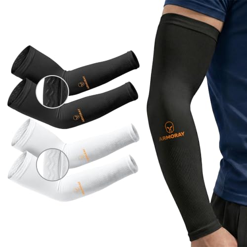 ARMORAY Arm Sleeves for Men or Women Anti Slip Basketball Golf Running Football Cycling - color: Black + White (2 Pair)