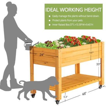 48x24x33 Raised Garden Bed with Wheels, Wood Elevated Planter Box, Natural