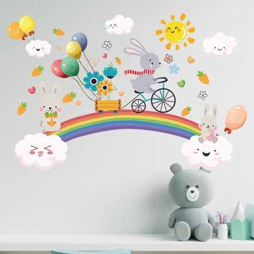 Arawat Rainbow Wall Decals for Girls Bedroom Easter Bunny Wall Murals for Living Room Décor Wall Decor Stickers & Murals 3D Rabbit Wall Art as Decorations - color: # a Rainbow Wall Decals