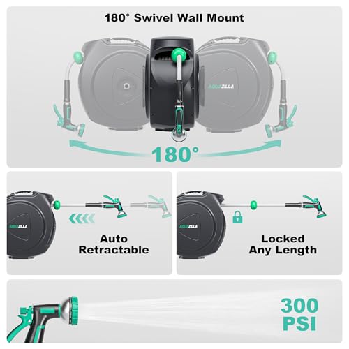 Retractable Garden Hose Reel, 65FT +6FT 5/8" Durable Wall Mounted Water Hose Reel with 180° Swivel Bracket, 9 Pattern Sprayer, 6Ft leader hose,Smooth Automatic Rewind, Any Length Lock. - size: 65Ft x 5/8"