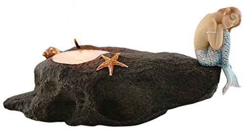Top Collection Miniature Fairy Garden and Terrarium Statue, Mermaid Resting on Stone T-Light Candle Holder - color: Mermaid Resting on Stone T-light Candle Holder