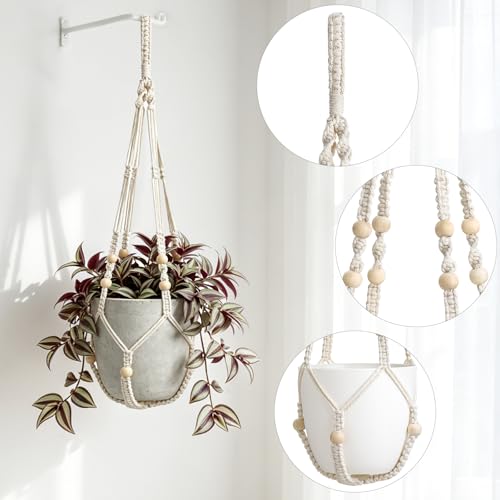 Mkono Macrame Plant Hanger Indoor, 29 Inch Hanging Planter Holder Ivory - color: Ivory