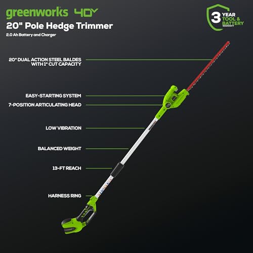 Greenworks 40V 20" Cordless Pole Hedge Trimmer, 2.0Ah Battery and Charger Included