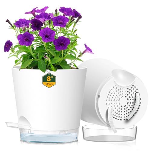 Meowell 8 inch Self Watering Pots for Indoor Outdoor Plants, 2 Pack Flower Plant Pots with Drainage Holes & Clear Reservoir for Visible Water Level, Plastic Wicking Planters for House Plants, White - color: White, size: 8 in 2pcs