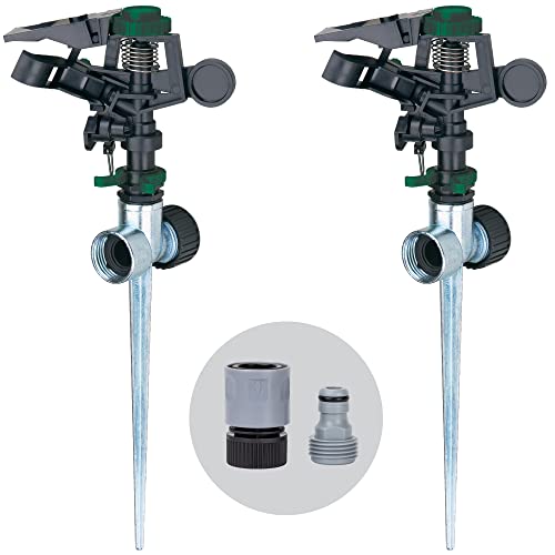 Melnor 65176AMZ Pulsating Sprinkler Set, 2 Pack, Waters Up to 85 Ft. Diameter, Metal Spike Base, Quick Connect Bundle, Black, Green - style: DP Metal Spike, Plastic Head