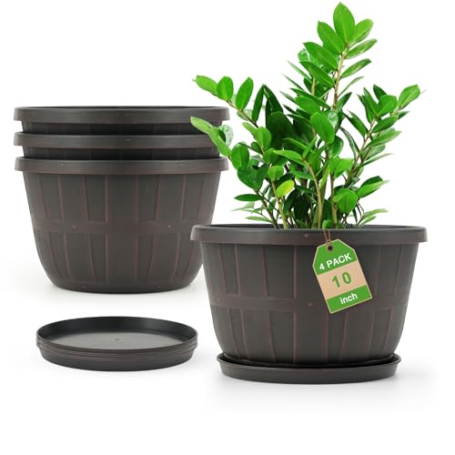 Quarut 4 Pack 10 inch Flower Pots,Plastic Plants Pots Outdoor - color: Brown, size: 10 inch-4 pack