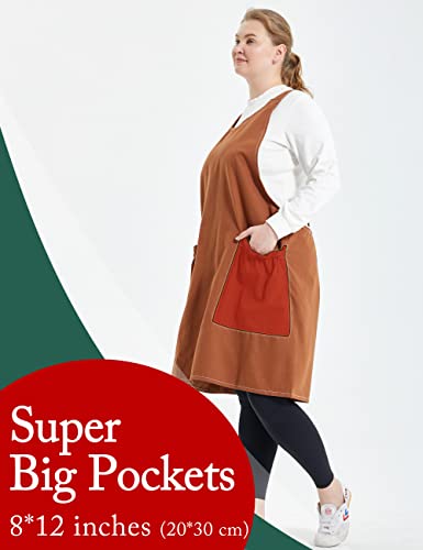 Big Plus Size Aprons for Women with Pockets Cotton Linen Baking Kitchen Cooking - color: Brown