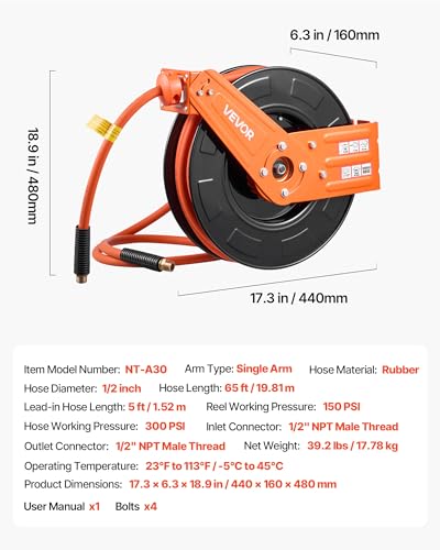 VEVOR Retractable Air Hose Reel, 1/2 Inch x 65 FT Rubber Air Hose Max 300PSI, Auto Rewind Air-Compressor Hoses Reel with 5 ft Lead in, Ceiling/Wall Mount for Garage Workshops - size: 1/2 in x 65 ft