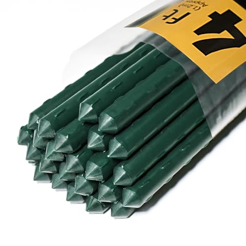 Jollybower 25pcs Steel Plant Stakes 4 Feet,Sturdy Plant Sticks, Plastic Coated Metal Garden Stakes Supports Climbing for Tomato, Bean, Flowers, Tree Potted - size: 4Ft, Pack of 25