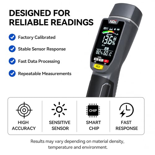NDI ND316PRO Dual-Mode Moisture Meter – Pin & Pinless Non-Destructive, Wood & Building Materials, Temperature & Humidity Display, Data Log, Backlit LCD