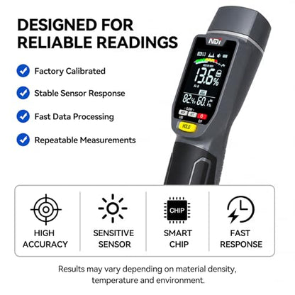 NDI ND316PRO Dual-Mode Moisture Meter – Pin & Pinless Non-Destructive, Wood & Building Materials, Temperature & Humidity Display, Data Log, Backlit LCD