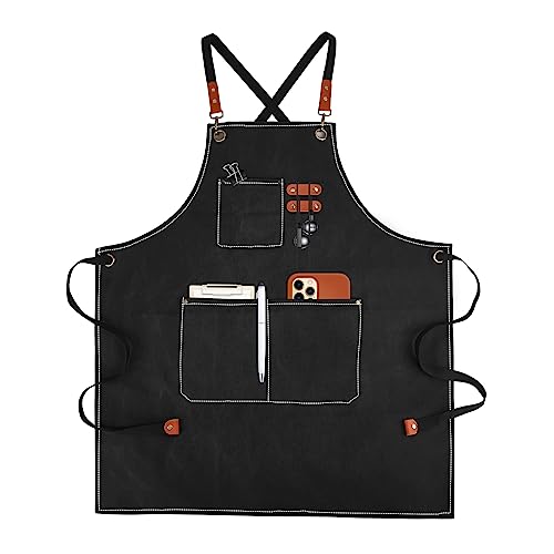 APRONPANDA Cross-Back Chef Aprons for Men Women with Pockets,Cotton Canvas Adjustable Cooking Work Apron for Kitchen - color: Black