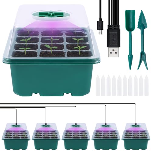 5 Pack Seed Starter Kit with Grow Lights & 3.9" Humidity Domes, 72 Cells Indoor Germination Trays, Full Spectrum Adjustable LED, Reusable Plant Starter System for Year-Round Gardening