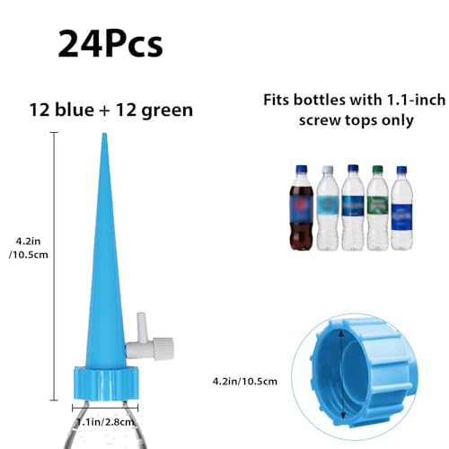 24 Pack Self Watering Spikes, Adjustable Flow Automatic Plant Waterer for Indoor Outdoor Plants, Fits Standard 1.1in Bottle Mouth, Vacation Drip Irrigation System - color: 12xGreen, 12xBlue