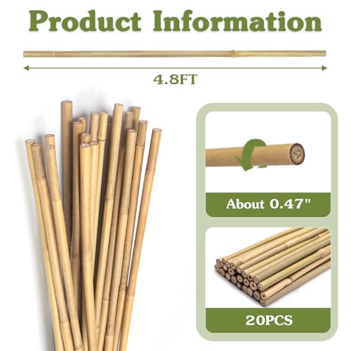 Plant Stakes 4.8FT, Natural Bamboo Stakes,20Pcs Sturdy Bamboo Garden Stakes - size: 4.8Ft, 20Pack