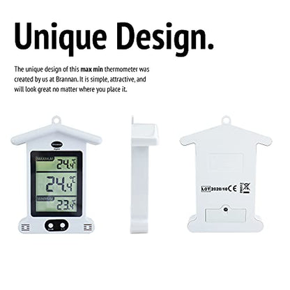 Brannan Digital White Greenhouse Thermometer – Stylish Weatherproof Max Min Thermometer to Monitor Maximum and Minimum Temperatures In a Garden Greenhouse Indoor Room Home Growroom Easily Wall Mounted