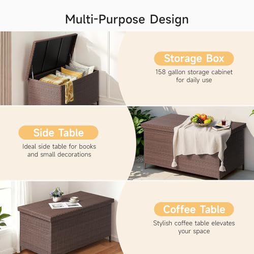 ONBRILL 158 Gallon XL Wicker Deck Box, Outdoor Patio Storage Box, Brown - color: Brown