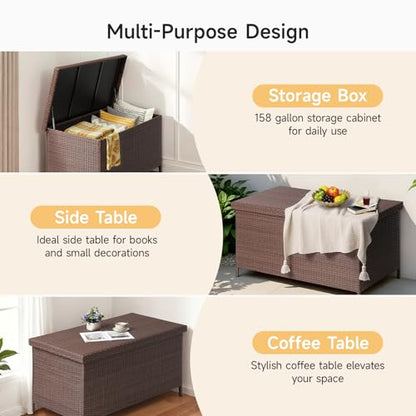 ONBRILL 158 Gallon XL Wicker Deck Box, Outdoor Patio Storage Box, Brown - color: Brown