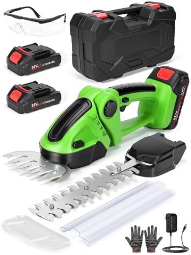 Electric Hedge Trimmer Cordless，2-in-1 2000RPM Handheld Hedge Shears Grass Cutter with 2 Rechargeable Battery and Charger, Shrub Bush Trimmer Grass Shears Gardening Tools for Yard, Lawn (Green)