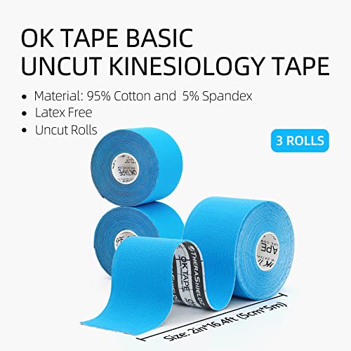 OK TAPE Kinesiology Tape (3 Pack) Latex Free Cotton Uncut 2in x 16.4ft - color: Light Blue, size: 3 Rolls