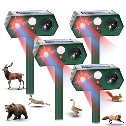 Solar Animal Repeller Outdoor, 4Pack Sonic Fortress Pro Deer Repellent