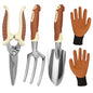 Brown Garden Tool Set 4-Piece, Trowel, Fork, Pruning Shear&Gloves - color: brown-4pcs