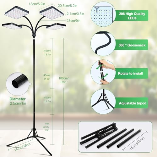 FRGROW 4Head New Stand Full Spectrum Grow Light for Indoor Large Plants - size: 4 Head-New Stand