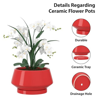 10 Inch Red Ceramic Planter with Drainage Hole and Saucer - color: Red, size: Large