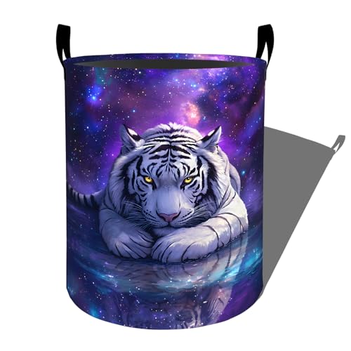 Fierce Tiger Laundry Basket, Starry Night Storage Hamper, Round Collapsible Waterproof Cloth Bin, 19.7x15.7 Inch Mystic Fantasy Wildlife Clothes Organizer Gifts for Bathroom Decor - color: Tiger